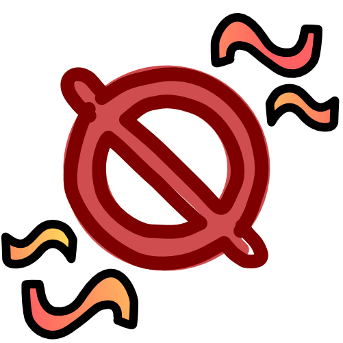 A red forbidden sign with 2 pairs of squiggles next to it. The first pair sit on the bottom left side, the second the top right. The squiggles have a pink to yellow gradient, the image has dark line art